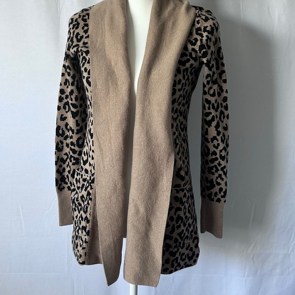 Kaisley Leopard Print Cardigan Small Tan Black Cotton Open Front Pockets Sweater